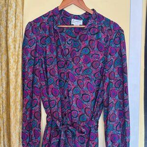 Vintage 1970s Satin Jewel-Tone Shirtwaist Dress